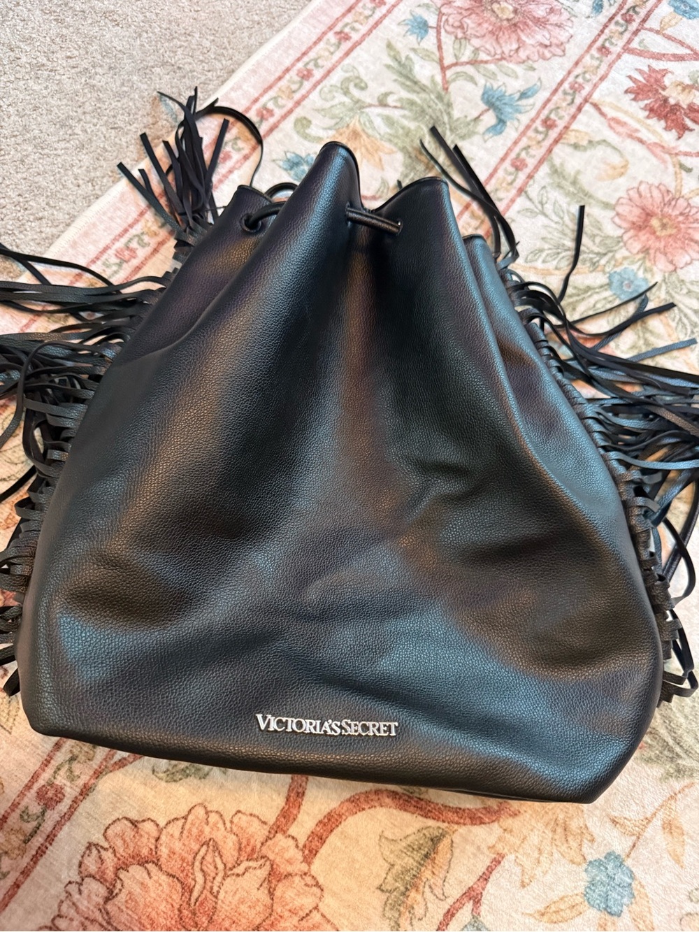 Victoria's Secret Black Fringe Drawstring Backpack NWOT - Picture 3 of 5